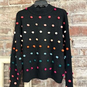 CeCe Black Sweater with Colorful Pom Poms